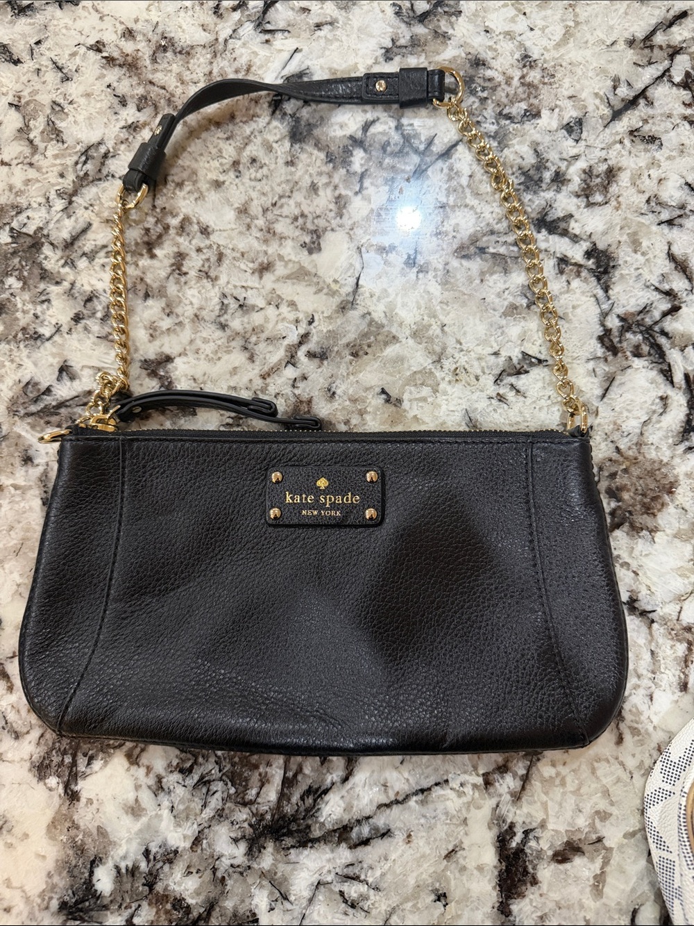 kate spade black Leather Wristlet with Gold Chain Strap- never used
